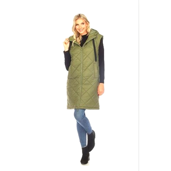 White Mark Jackets & Blazers - Diamond Quilted Hooded Long Puffer Vest Jacket - Olive